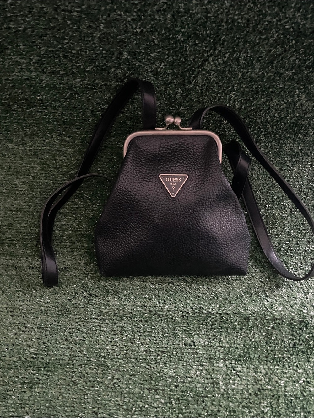GUESS Mini Backpack Black Pebbled Faux Leather Kiss-Lock Y2K Logo Bag